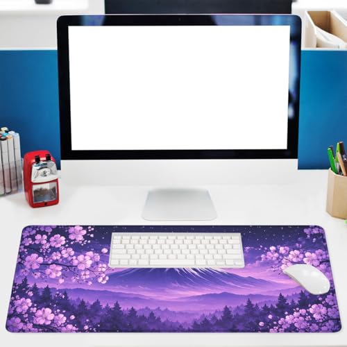 Cherry Blossoms Mouse Pad Mount Fuji Purple Sky Extended Mousepad Waterproof Stitched Edges Rubber Base Non-Slip Deskmap Computer Keyboard Mat 31.5x11.8 Inch - color: Cherry Blossoms, size: 31.5" x 11.8"