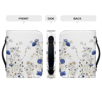 Leather Bible Cover Case Bible Case for Girls and Women Bible Bags with Leather Bookmark (Set of 1),Blue Flowers and White Fowers,Medium - color: Blue Flowers and White Fowers, size: Medium