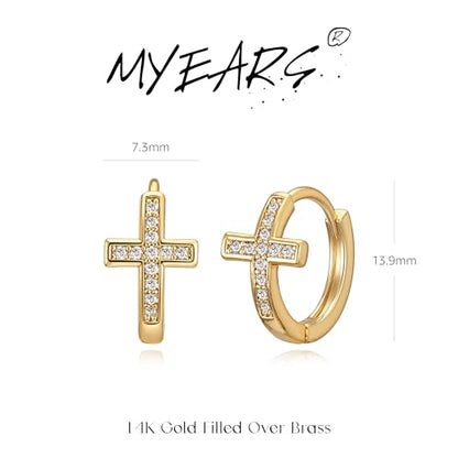 MYEARS Gold Cross Hoop Earrings for Women Trendy 14K Gold Plated Small Hoops Huggie Earrings White Cubic Zirconia Turquoise Minimalist Simple Christmas Christian Cross Jewelry Gifts - color: White