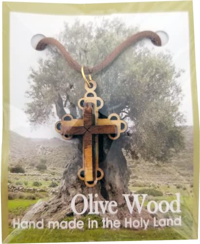 3D Bottony Cross, Wooden Cross Necklace for Men & Women, Certified Holy Land Olive Wood Orthodox Pendant Necklace from Bethlehem Israel, Christian & Catholic Religious Keepsake Gift