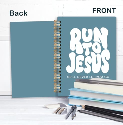 KRHFG Retro Lake Blue Christian Spiral Notebook, Run to Jesus Bible Verse Journal, Religious Scripture Journals for Writing, Bible Notebooks for Note Taking, Church Notes Journal, 5.5x8.3 Inch - color: God-Lake Blue 2