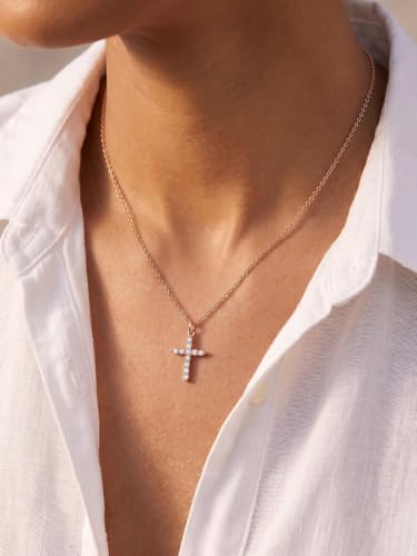 U7 Cross Necklace for Women,CZ Cross Pendant Necklace 18"+2" - color: Rose Gold
