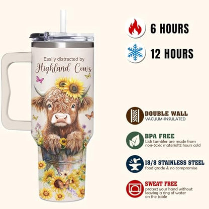 Highland Cow Gifts For Women, Teen Girls, and Her - Highland Cow Tumbler Gifts For Mothers Day, Birthday, Christmas, Valentines, Cowgirls Gift for Women - Cow Tumbler 40oz with Handle - color: Highland Cow Tumbler