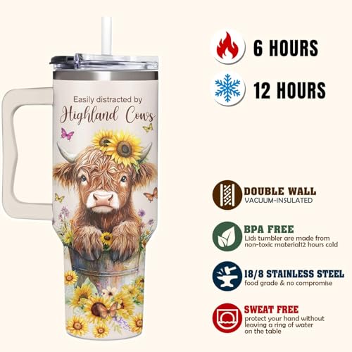 Highland Cow Gifts For Women, Teen Girls, and Her - Highland Cow Tumbler Gifts For Mothers Day, Birthday, Christmas, Valentines, Cowgirls Gift for Women - Cow Tumbler 40oz with Handle - color: Highland Cow Tumbler