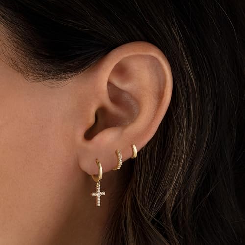 Rotnso Gold Hoop Earrings Set for Women Hypoallergenic Trendy Huggie Stack - style: 3 Pairs Cross Hoops-GD