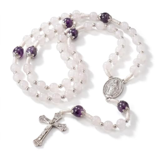Nazareth Store 8mm White Jade & 10mm Natural Stone Beads Rosary Necklace St. Miraculous Medal & Cross Crucifix Catholic Prayer Beads Religious Jewelry - color: Amethyst