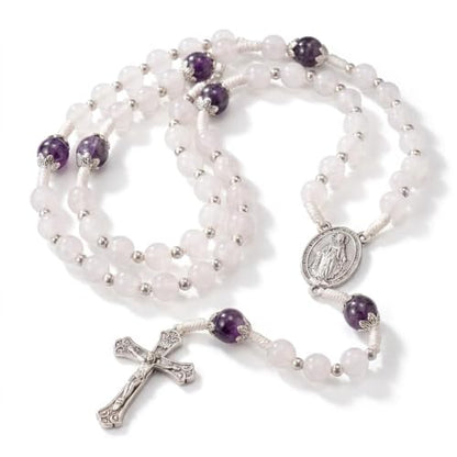 Nazareth Store 8mm White Jade & 10mm Natural Stone Beads Rosary Necklace St. Miraculous Medal & Cross Crucifix Catholic Prayer Beads Religious Jewelry - color: Amethyst