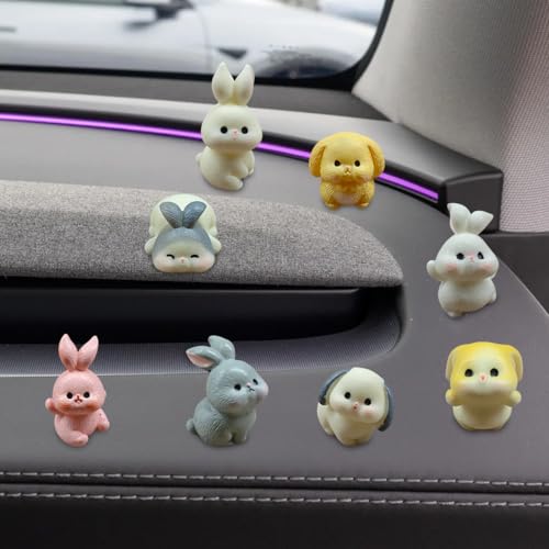 Mini Rabbit Car Dashboard Decorations, Funny Self-Adhesive Resin Car Rear View Mirror Ornament, Cute Automotive Interior Figurines Accessories for Women Girl (8PCS) - size: 8PCS