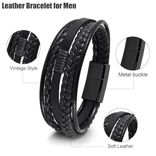 Leather Bracelet for Men Braided Stainless Steel Mens Bracelets - color: Black-BlackBuckle