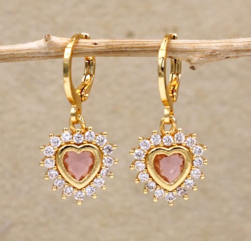 18K Gold Plated, Dangle Earrings for Women, Flower/Heart Drop earrings, Hypoallergenic Cubic Zirconia Earrings, Lightweight, Party, gold earrings, Jewelry for Gifts, Fashion - style: Drop-Heart-Mixcolor