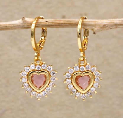 18K Gold Plated, Dangle Earrings for Women, Flower/Heart Drop earrings, Hypoallergenic Cubic Zirconia Earrings, Lightweight, Party, gold earrings, Jewelry for Gifts, Fashion - style: Drop-Heart-Mixcolor