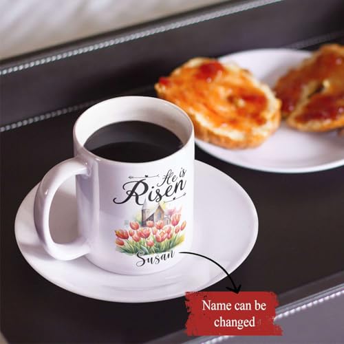 He Is Risen Ceramic Cup, Customized Floral And Church Design Mug, Personalized Easter Bible Verse Coffee Cup, Custom Name Christian Accent Mug 11oz Or 15oz, Gift For Boy And Girl - color: TRI-1223-1155-HE IS RISEN MUG