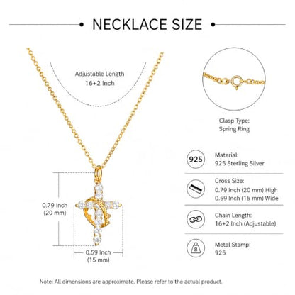 925 Sterling Silver Cross With Crown Necklace for Women 16+2 Inch - color: Gold