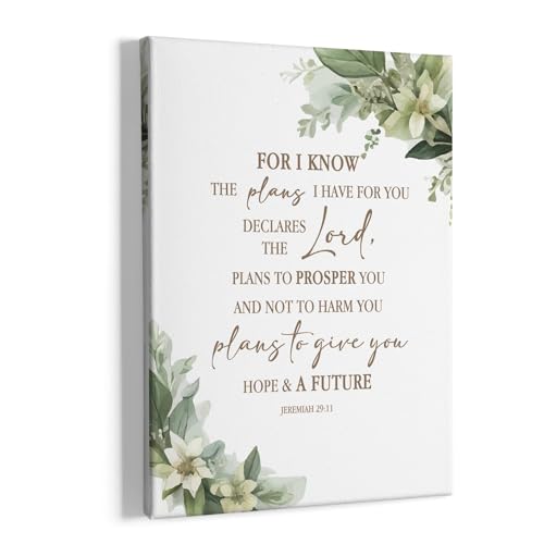 HIWX Christian Bible Verses Wall Decor, for I Know the Plans I Have for You Framed Canvas Painting Wall Art Decor, Sage Green Botanical Religious Wall Art Home Decoration for Bedroom Church, 11x14 - color: Jeremiah, size: 14"L x 11"W