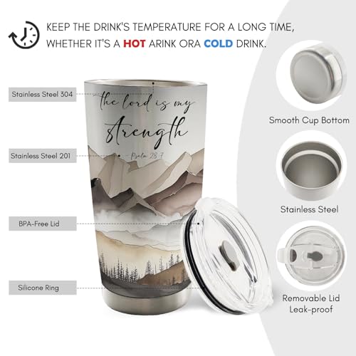 Christian 20oz Travel Coffee Mug Tumbler, Christian Gifts for Women Men, the Lord Is My Strength Bible Verse Mountain Landscape Stainless Steel Tumbler with Lid and Straw - color: strength