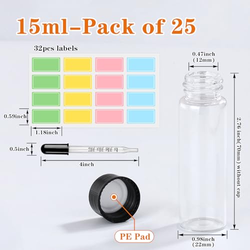 15ml 25pcs Small Clear Glass Vials with Screw Cap (with Droppers & Lables) - size: 15ml 25pcs
