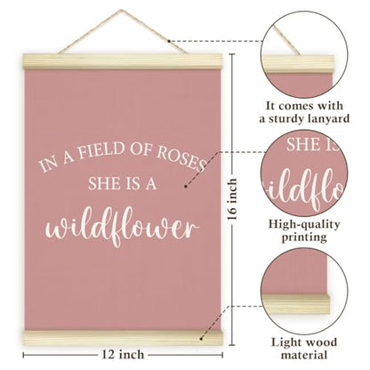 LWBEO In A Field Of Roses She Is A Wildflower Poster Hanger Frame, Girl Nursery Wildflower Wooden Canvas Art Print, Pink Positive Wall Art for Toddler Baby Girls Room Bedroom Playroom 12x16in -03 - color: In A Field Of Roses She Is A Wildflower