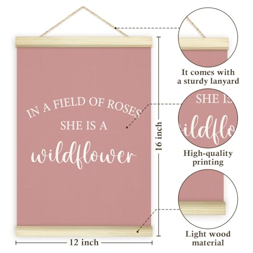 LWBEO In A Field Of Roses She Is A Wildflower Poster Hanger Frame, Girl Nursery Wildflower Wooden Canvas Art Print, Pink Positive Wall Art for Toddler Baby Girls Room Bedroom Playroom 12x16in -03 - color: In A Field Of Roses She Is A Wildflower