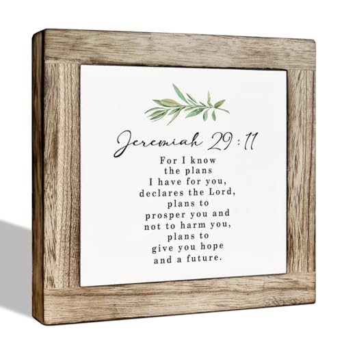 Christian Wooden Sign, Bible Verses Jeremiah 29:11 Decor, Motivational Christian Desk Sign Decor for Home Office, Rustic Wooden Tabletop Decoration 5.9x5.9 Inches - color: Jeremiah 29:11 Decor