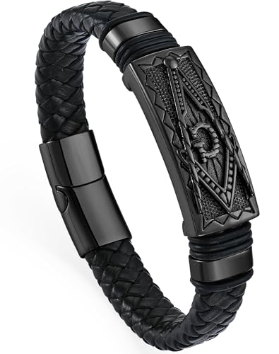 YL Cross Masonic Leather Mens Bracelet, 18K Gold/Black Rhodium Plated Christian Religious 316L Stainless Steel Brown Cuff Handcrafted Jewelry Gifts - color: Masonic A-Black, size: 8.3"(210mm)