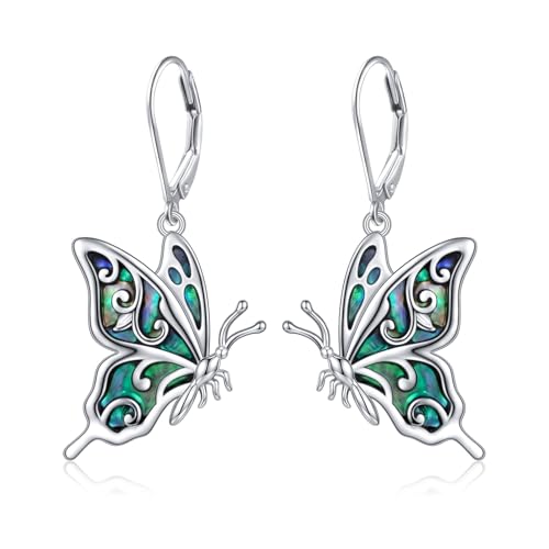 925 Sterling Silver Filigree Dangle Drop Leverback Teardrop Earrings - color: Butterfly Abalone Shell