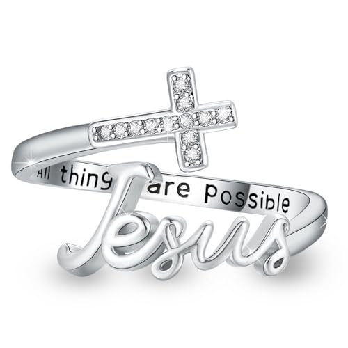 Jesus Cross Ring,Sterling Silver Adjustable Open Faith Cross Religious Ring Christian Inspiring Incentive Jewerly Gifts for Women