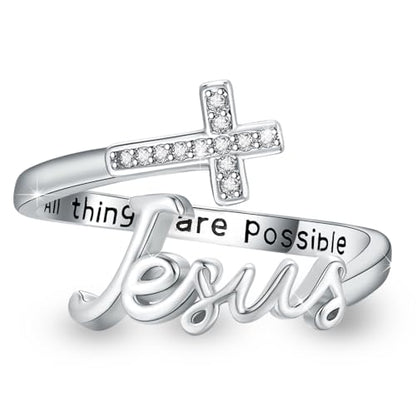 Jesus Cross Ring,Sterling Silver Adjustable Open Faith Cross Religious Ring Christian Inspiring Incentive Jewerly Gifts for Women