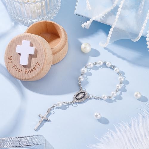 AHANDMAKER Baptism Gift Box, My First Blue Bracelets with Keepsake Box, Baptism Gifts Keepsake Cases with Light Blue Round Pearl Bracelets for Baby Birthday Baby Shower (White)