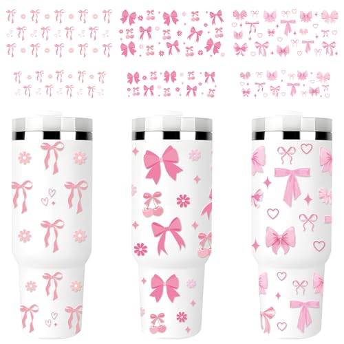 Rngmsi UV DTF Cup Wrap - 3 Set Coquete UV DTF Cup Wrap for 40 oz Tumbler, Pink Bow Cherries Flower Uvdtf Decals for Girls Women, Waterproof Rub on Transfer Stickers, DIY Crafts - style: coquete