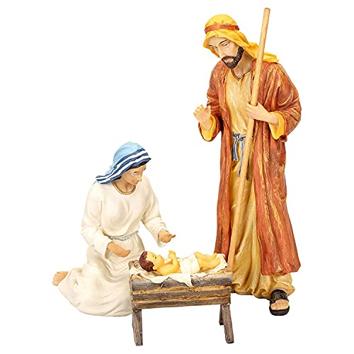 Three Kings Gifts Holy Family Nativity Set, 3-Piece Polystone Mary, Joseph, and Baby Jesus with Manger Figures, Flat Bottom Base Collectibles for 10-Inch Scale Christmas Nativity Scene - size: 10 inch
