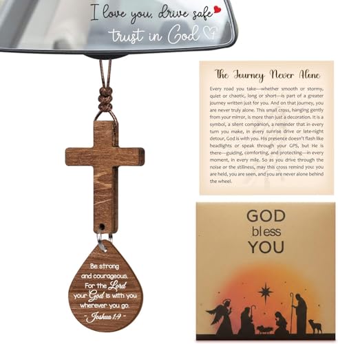 Cross for Car Mirror Hanging Christian Gifts for Men, Women, Scan Phone for Daily Bible Verse, Christian Cross Ornament, Religious Gifts for Men, Wooden Hanging Car Ornament - color: Be Strong and Courageous_ Joshua 1:9