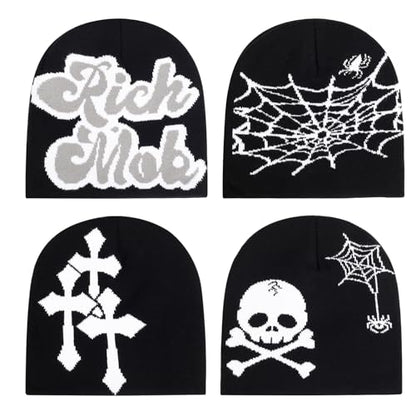 4Pcs Y2k Beanie Winter Knitted Hat Warm Graphic Cap for Women Men - color: Skull+spiderweb+rich+cross（black）