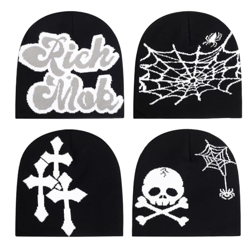4Pcs Y2k Beanie Winter Knitted Hat Warm Graphic Cap for Women Men - color: Skull+spiderweb+rich+cross（black）