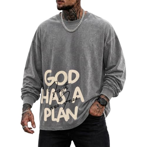 Mens Christian Long Sleeve Shirt Faith Over Fear God Jesus Faith Acid Wash T Shirt Religious Graphic Tee Vintage Top - color: Gray, size: Small