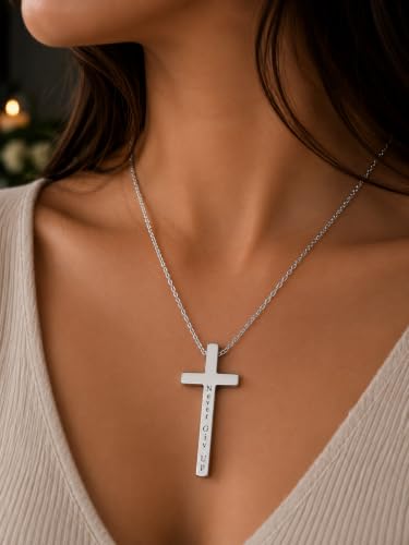 Engraved Cross Necklace for Men, Women & Boys & Girls Cross Necklace, Stainless Steel Cross Pendant Necklace, Faith & Inspiration Christian Jewelry Gift - color: Never Give Up