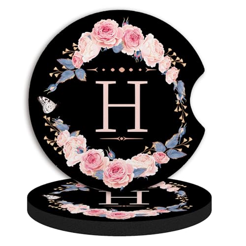 2pcs Letter H Car Coasters,Absorbent Universal neoprener Cup Holder Coasters with a Finger Notch,Car Accessories for Women&Man Interior，2.75" - color: H