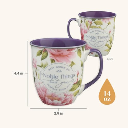 Christian Art Gifts Large Ceramic Scripture Coffee & Tea Mug for Women - color: White & Purple/Noble Things