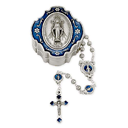Catholic Rosary Beads with Metal Keepsake Gift Box Set - color: Miraculous Medal