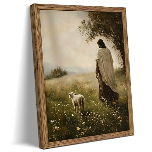 Good Shepherd Jesus Wall Art Framed Canvas Print, Christian Lamb Painting Poster Picture, Vintage Religious Faith Based Artwork Wall Decor for Living Room Bedroom Church Home Decor 12x16 Inch - color: A-Jesus, size: 16"L x 12"W