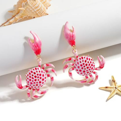 Creative Exaggerated Ocean Animal Drop Dangle Earrings for Women, Bohemia Style Alloy Lobster Octopus Fish Crab Earrings for Summer Beach Holiday Party Jewelry Gifts - style: Pink Crab Earrings