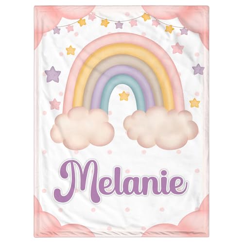 Personalized Baby Blanket for Girls, Custom Baby Blanket with Name, Customized Name Blankets for Kids, Soft Cozy Rainbow Receiving Blankets for Infant Toddler for Birthday Christmas - color: Cute Rainbow