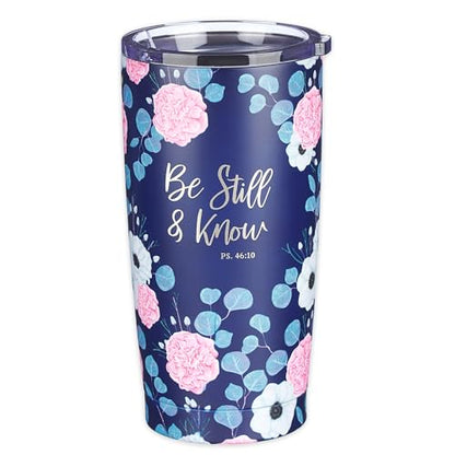 Christian Art Gifts Stainless Steel Double-Wall Vacuum Insulated Travel Mug 18 oz Navy Blue with Pink Floral Tumbler with Lid for Women with Inspirational Bible Verse - Be Still & Know -Psalm 46:10 - color: Navy Blue/Be Still