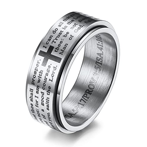 8MM Stainless Steel Bible Verse Christian Lord's Prayer Cross Ring Spinner Wedding Bands for Men Women - color: Silver