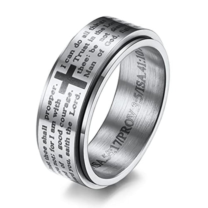 8MM Stainless Steel Bible Verse Christian Lord's Prayer Cross Ring Spinner Wedding Bands for Men Women - color: Silver