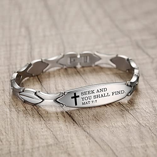 LinnaLove Bible Verse Bracelet - 316L Stainless Steel Silver Religious Gift for Her - style: Seek & Find - Matthew 7:7