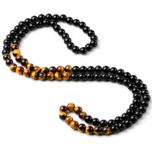 Black Onyx Glass Beads Men's Tiger Eye Stone Bead Necklace - color: black
