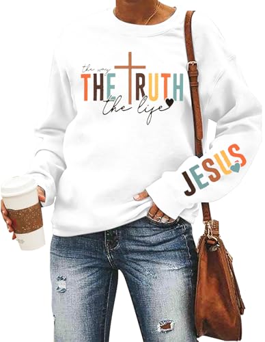 Christian Sweatshirt Women Bible Verse Pullover Religious Faithful Shirt - color: White, size: X-Large