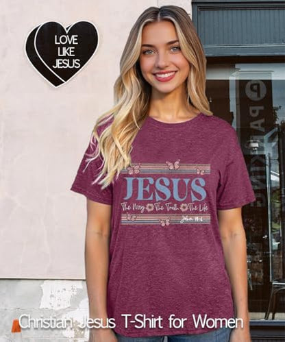 Womens Jesus Graphic Tee Bible Verse Shirts Christian Religious T Shirt Top - color: Purple-butterfly, size: Medium