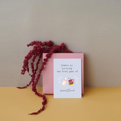 Funny Baby 1st Birthday Card - Celebrating Parenthood & Surviving the First Year - color: #99