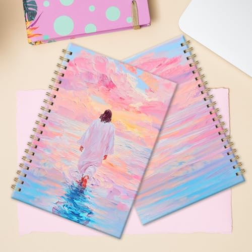 Christian Journal - Spiral Notebook Featuring Jesus Walking on Water, Church Notes Journal, Inspirational Gift for LDS & Church Members, Spiritual Thank You Gifts for Women 5.5x8.2 Inch - color: White Pink, style: Jesus Walking on Water